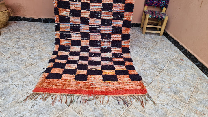 . feet . feet  moroccan berber shaggy runner rug black and orange wool checkered runner rug