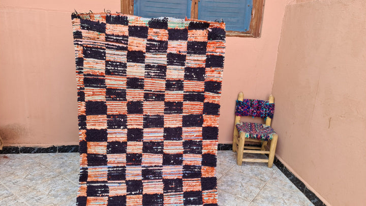 . feet . feet  moroccan berber shaggy runner rug black and orange wool checkered runner rug