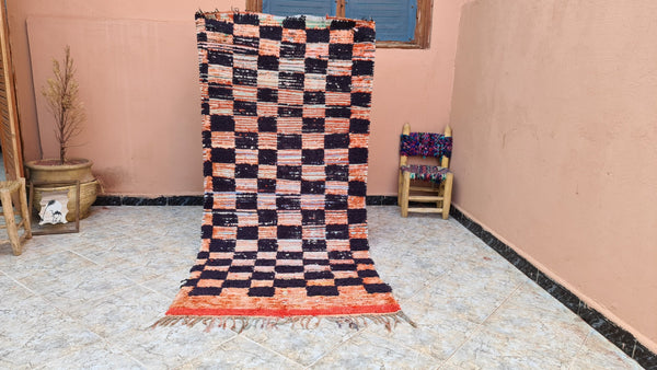 . feet . feet  moroccan berber shaggy runner rug black and orange wool checkered runner rug