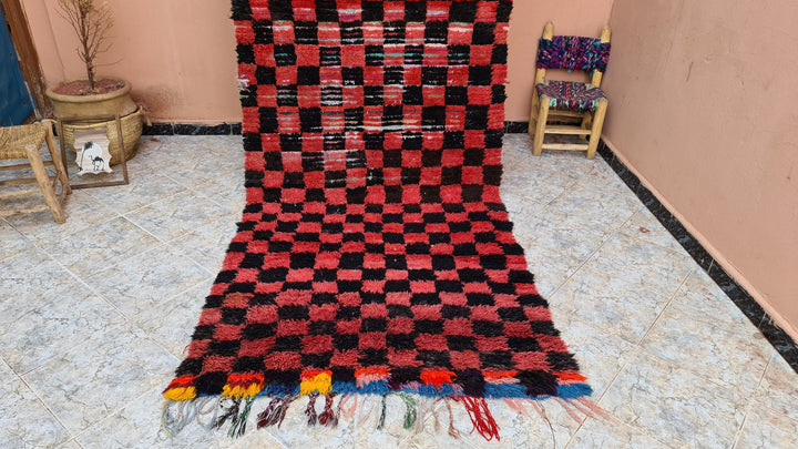 . feet . feet  moroccan berber shaggy runner rug black and red wool checkered runner rug