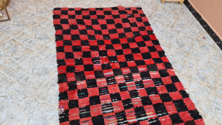 . feet . feet  moroccan berber shaggy runner rug black and red wool checkered runner rug