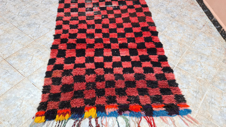 . feet . feet  moroccan berber shaggy runner rug black and red wool checkered runner rug