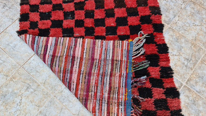 . feet . feet  moroccan berber shaggy runner rug black and red wool checkered runner rug