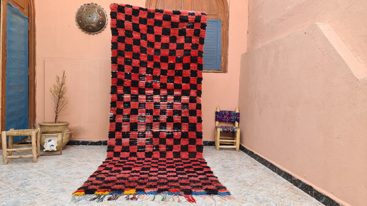 . feet . feet  moroccan berber shaggy runner rug black and red wool checkered runner rug