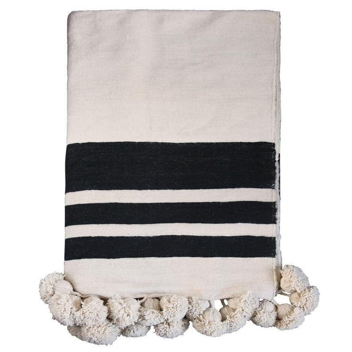 moroccan throw blanket, Cotton Moroccan Pompom Blanket,bedroom blanket, moroccan pompom blanket White with Black stripes pompoms