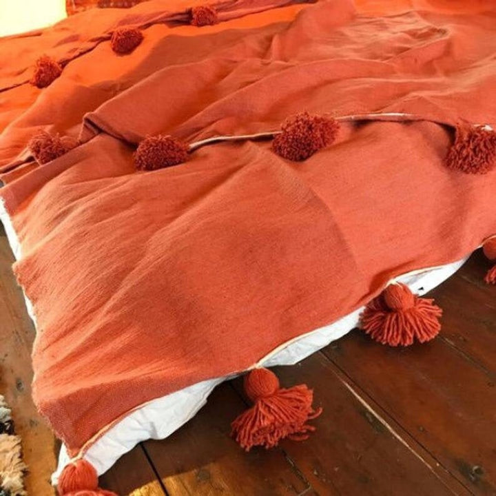 Orange moroccan throw blanket, Cotton Moroccan Pompom Blanket,bedroom blanket, moroccan pompom blanket, Tassel pom pom throw