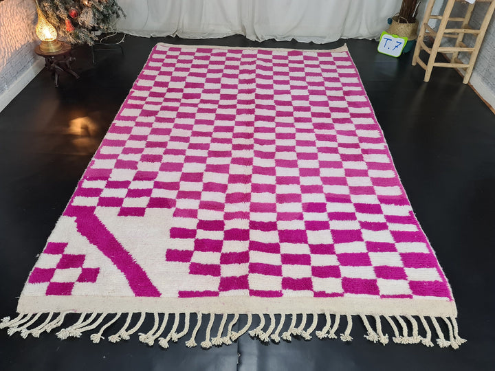 Moroccan Beniourain Checkered Rug  Scandinavian Area Rug  White and Fuscia Pink Rug  Wool Rug  Handmade Wool Rug  Dining Room Decor