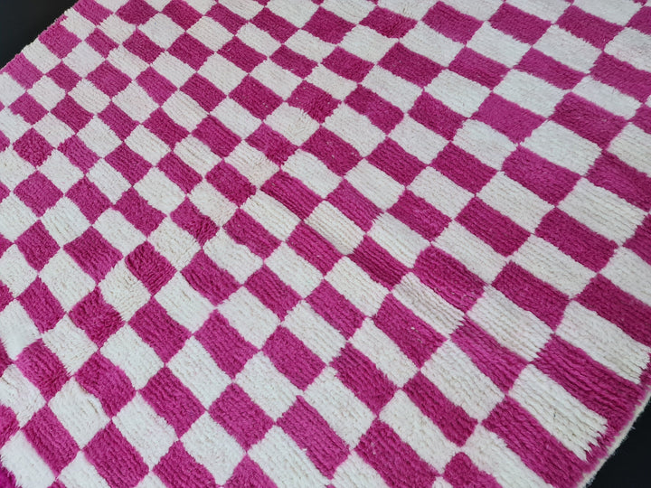 Moroccan Beniourain Checkered Rug  Scandinavian Area Rug  White and Fuscia Pink Rug  Wool Rug  Handmade Wool Rug  Dining Room Decor