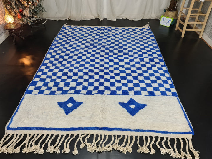 Beni Ourain Rug, Moroccan White  Blue Rug, Authentic Wool Rug, Checkered Carpet, Handmade Sheep Wool Rug, Scandinavian Carpet, Moroccan Rug