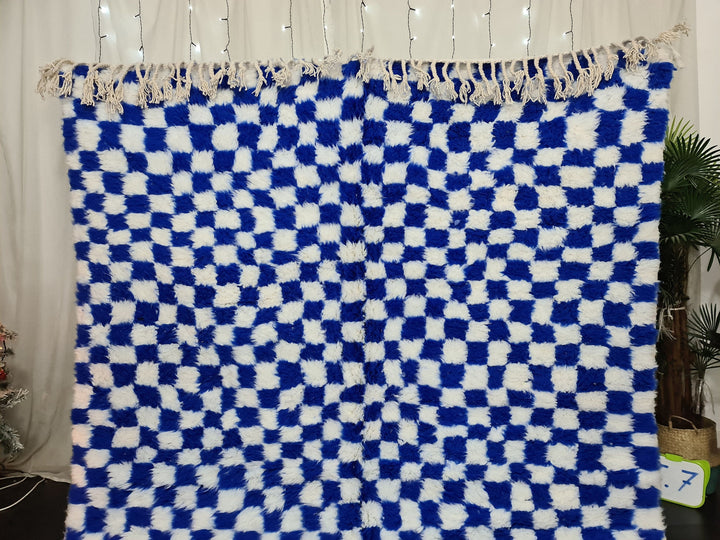 Moroccan Beniourain Checkered Rug  Scandinavian Area Rug  White and Royal Blue Rug  Wool Area Rug  Handmade Wool Rug  Dining Room Decor