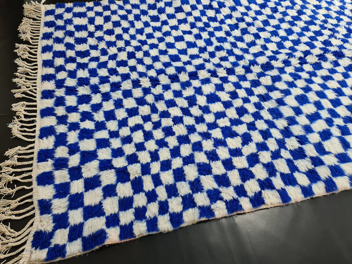 Moroccan Beniourain Checkered Rug  Scandinavian Area Rug  White and Royal Blue Rug  Wool Area Rug  Handmade Wool Rug  Dining Room Decor