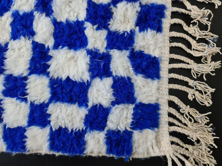 Moroccan Beniourain Checkered Rug  Scandinavian Area Rug  White and Royal Blue Rug  Wool Area Rug  Handmade Wool Rug  Dining Room Decor