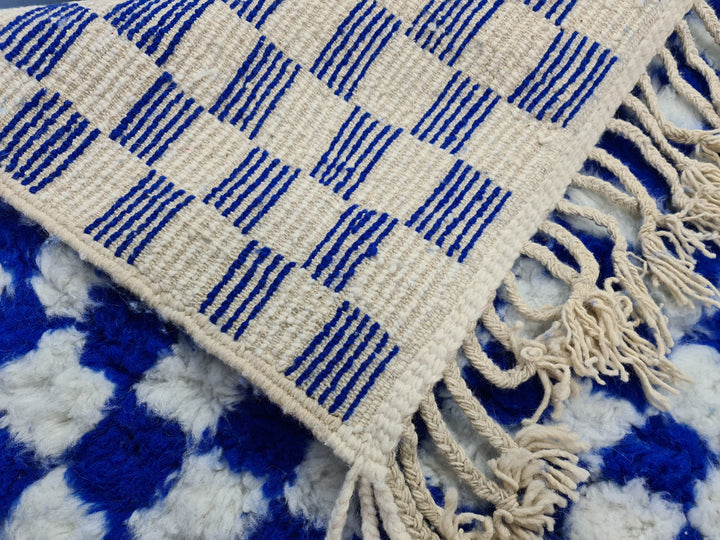 Moroccan Beniourain Checkered Rug  Scandinavian Area Rug  White and Royal Blue Rug  Wool Area Rug  Handmade Wool Rug  Dining Room Decor