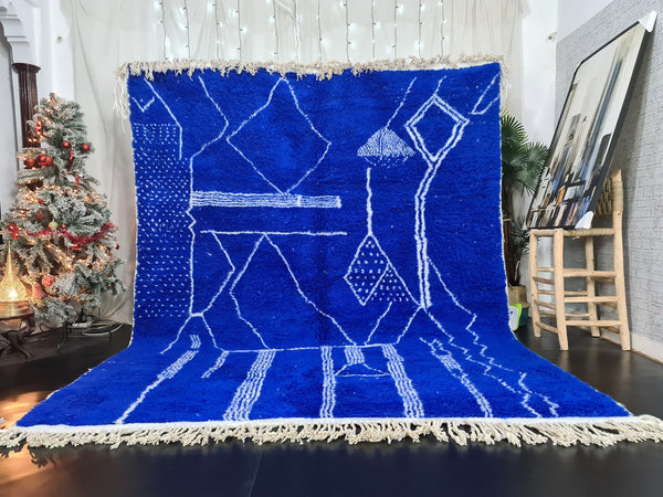 BLUE OCEAN RUG, Amazing Abstract Area Rug For Your Living Room, Handmade Form Royal Blue Wool of Sheep, Inspired From Berber Nomadic Tribes