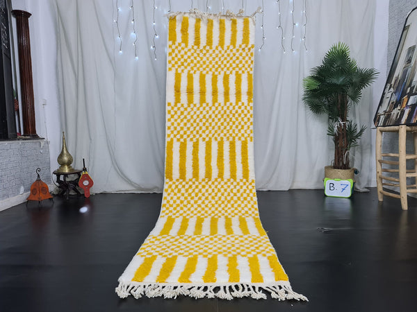 Beni Ourain Moroccan Runner, Handmade CheckeredRunner Rug, Vibrant Runner Rug, White and Yolk Yellow Runner, Sheep Wool Runner.