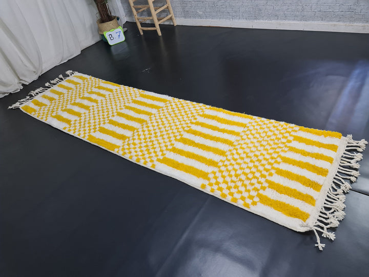 Beni Ourain Moroccan Runner, Handmade CheckeredRunner Rug, Vibrant Runner Rug, White and Yolk Yellow Runner, Sheep Wool Runner.