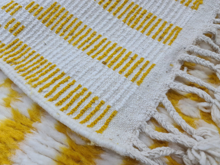 Beni Ourain Moroccan Runner, Handmade CheckeredRunner Rug, Vibrant Runner Rug, White and Yolk Yellow Runner, Sheep Wool Runner.