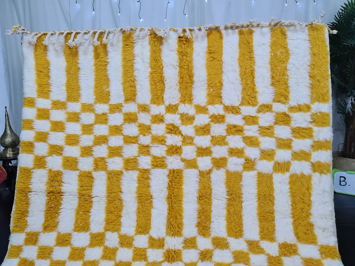 Vibrant Beni Ourain Rug, Moroccan Handmade Carpet, Yolk Yellow Rug, Berber Wool Rug, Square Checkered Rug, Tapis berbere