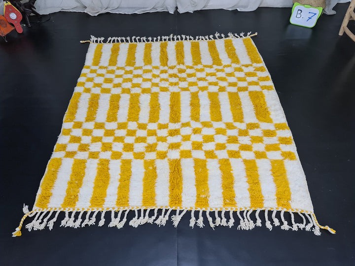 Vibrant Beni Ourain Rug, Moroccan Handmade Carpet, Yolk Yellow Rug, Berber Wool Rug, Square Checkered Rug, Tapis berbere