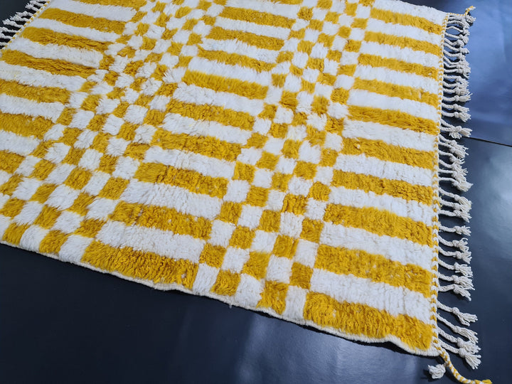 Vibrant Beni Ourain Rug, Moroccan Handmade Carpet, Yolk Yellow Rug, Berber Wool Rug, Square Checkered Rug, Tapis berbere