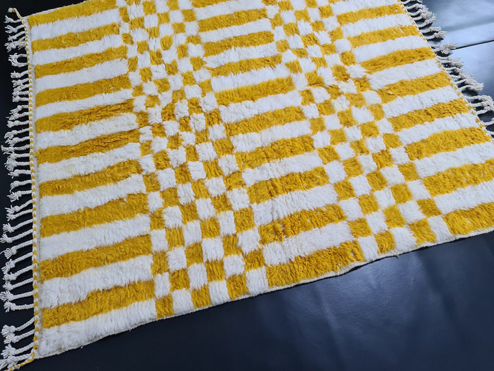 Vibrant Beni Ourain Rug, Moroccan Handmade Carpet, Yolk Yellow Rug, Berber Wool Rug, Square Checkered Rug, Tapis berbere