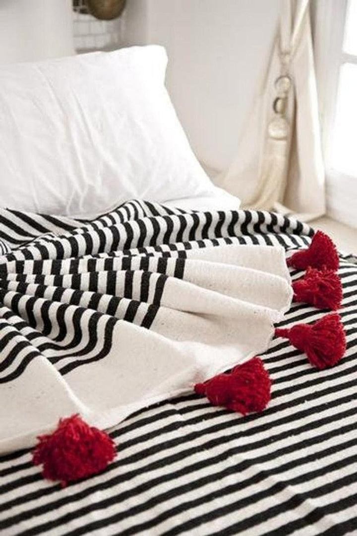 moroccan throw blanket, Cotton Moroccan Pompom Blanket,bedroom blanket, moroccan pompom blanket White with Black stripes pompoms