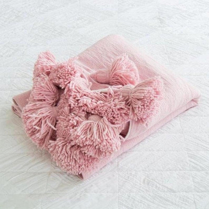 Pink moroccan throw blanket, Cotton Moroccan Pompom Blanket,bedroom blanket, moroccan pompom blanket, Tassel pom pom throw