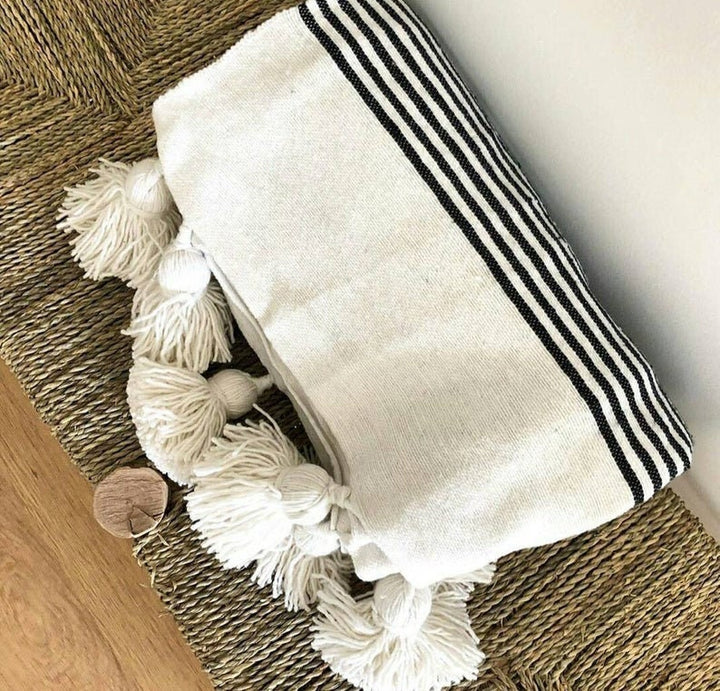 moroccan throw blanket, Cotton Moroccan Pompom Blanket,bedroom blanket, moroccan pompom blanket White with Black stripes pompoms