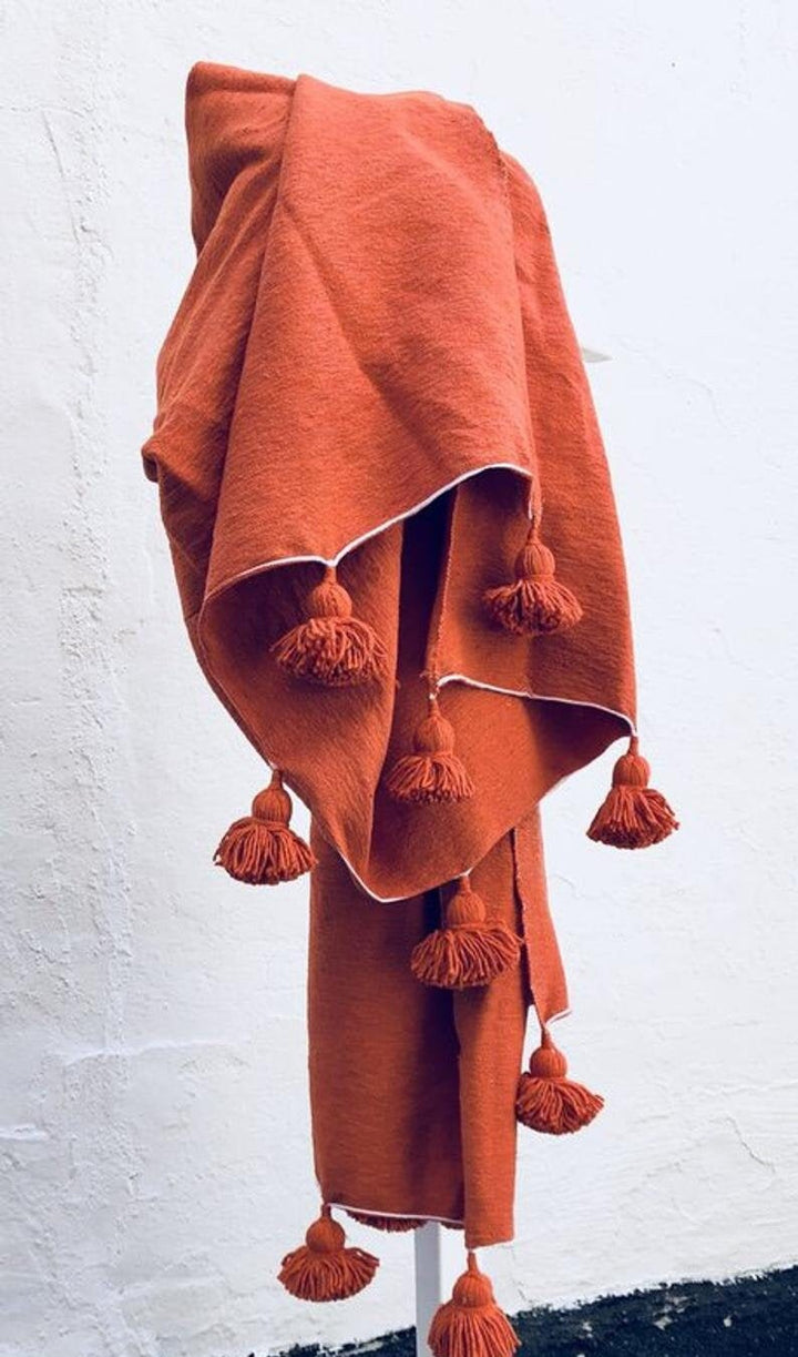 Orange moroccan throw blanket, Cotton Moroccan Pompom Blanket,bedroom blanket, moroccan pompom blanket, Tassel pom pom throw