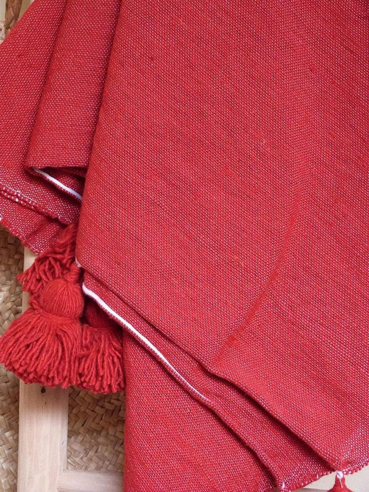 Red moroccan throw blanket, Cotton Moroccan Pompom Blanket,bedroom blanket, moroccan pompom blanket, Tassel pom pom throw