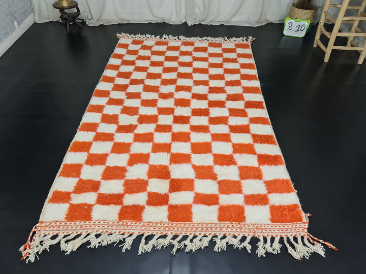 Moroccan Beniourain Rug  Scandinavian Area Rug  White and Bright Orange Rug  Wool Area Rug  Handmade Checkered Rug  Dining Room Decor