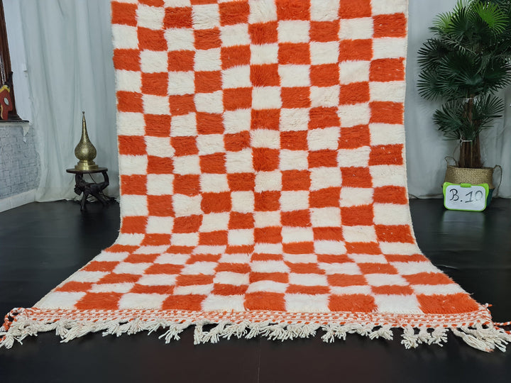 Moroccan Beniourain Rug  Scandinavian Area Rug  White and Bright Orange Rug  Wool Area Rug  Handmade Checkered Rug  Dining Room Decor