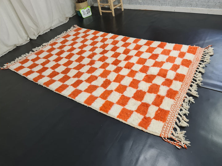 Moroccan Beniourain Rug  Scandinavian Area Rug  White and Bright Orange Rug  Wool Area Rug  Handmade Checkered Rug  Dining Room Decor