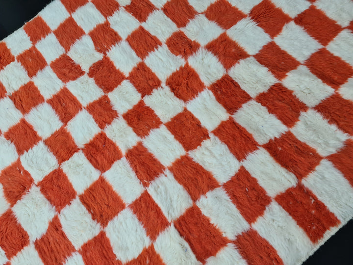 Moroccan Beniourain Rug  Scandinavian Area Rug  White and Bright Orange Rug  Wool Area Rug  Handmade Checkered Rug  Dining Room Decor