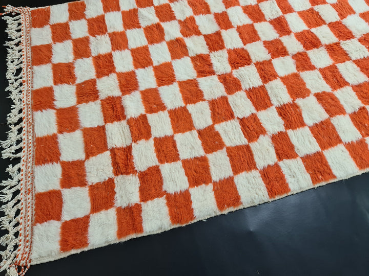 Moroccan Beniourain Rug  Scandinavian Area Rug  White and Bright Orange Rug  Wool Area Rug  Handmade Checkered Rug  Dining Room Decor