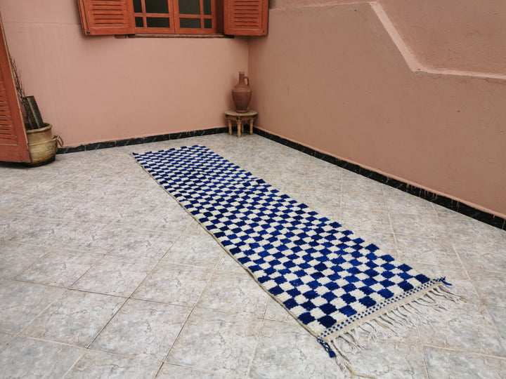 Large Blue and white Checkered rug, Moroccan Berber checkered rug, Checker board Rug, Sheep Wool Rug, Beniourain rug, Moroccan Handmade Rug.