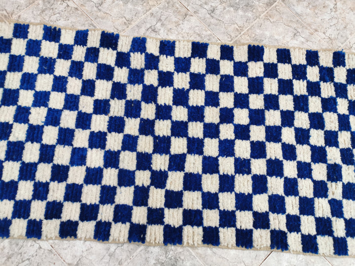 Large Bleu Checkered area rug, Moroccan Berber checkered rug  Checker board Rug  Checker Rug  beniourain rug  bleu and white rug