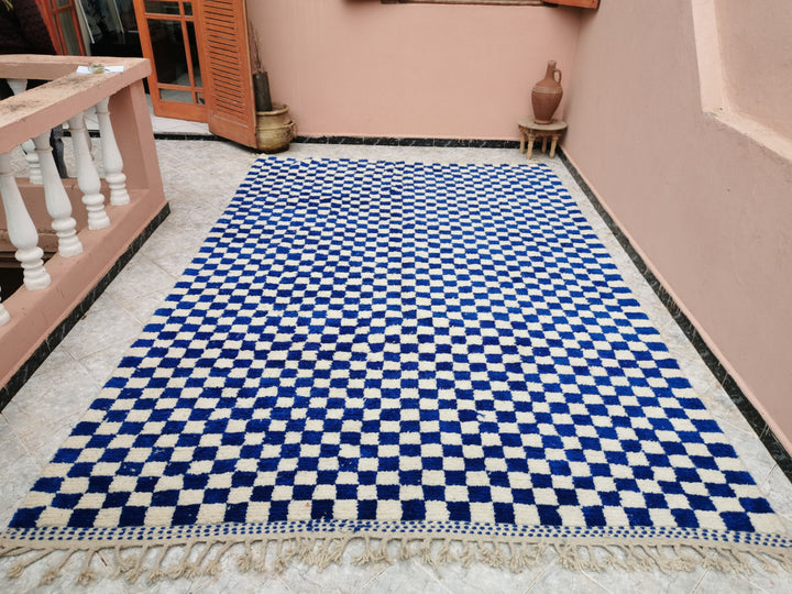 Large Blue and white Checkered rug, Moroccan Berber checkered rug, Checker board Rug, Sheep Wool Rug, Beniourain rug, Moroccan Handmade Rug.