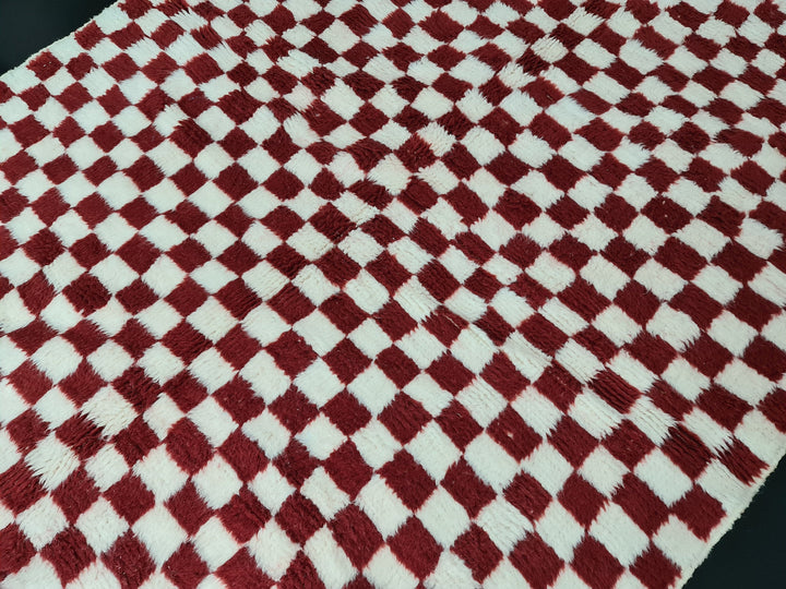 Checkered Moroccan Rug, Handmade Rug, Beni Ourain Rug, Bohemian Carpet, White and Dark Red Rug, Berber Rug, Tapis Marocain