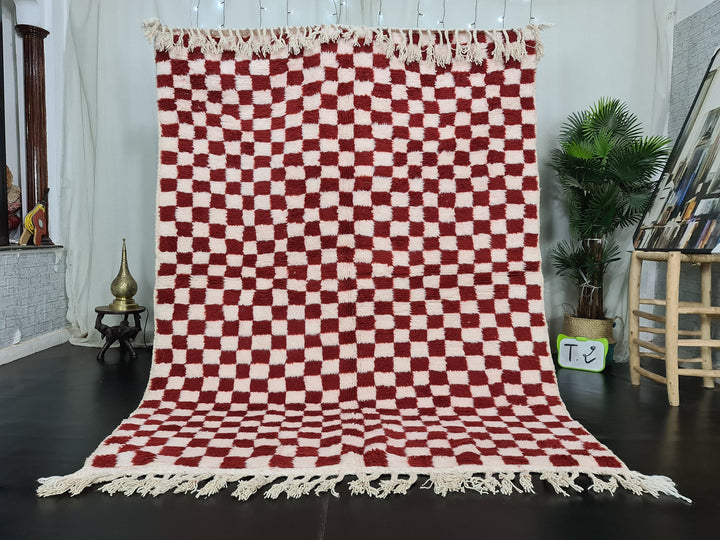 Checkered Moroccan Rug, Handmade Rug, Beni Ourain Rug, Bohemian Carpet, White and Dark Red Rug, Berber Rug, Tapis Marocain