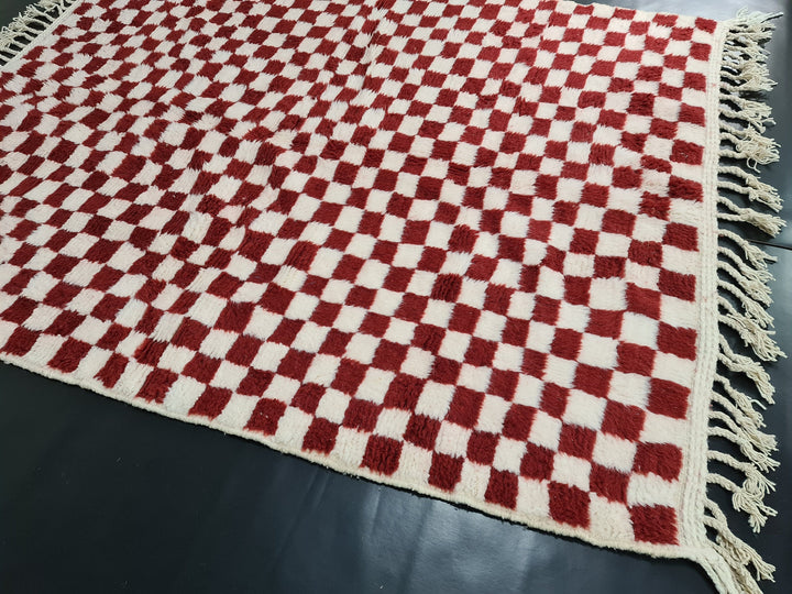 Checkered Moroccan Rug, Handmade Rug, Beni Ourain Rug, Bohemian Carpet, White and Dark Red Rug, Berber Rug, Tapis Marocain