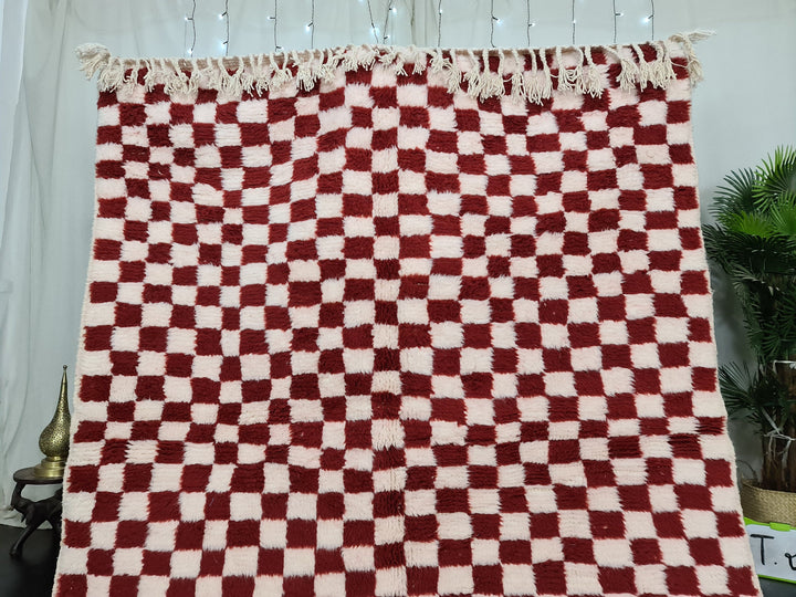 Checkered Moroccan Rug, Handmade Rug, Beni Ourain Rug, Bohemian Carpet, White and Dark Red Rug, Berber Rug, Tapis Marocain