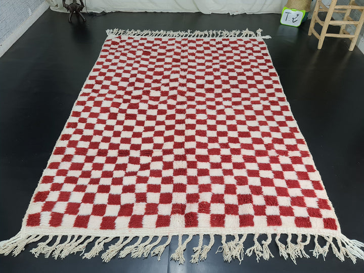 Checkered Moroccan Rug, Handmade Rug, Beni Ourain Rug, Bohemian Carpet, White and Dark Red Rug, Berber Rug, Tapis Marocain