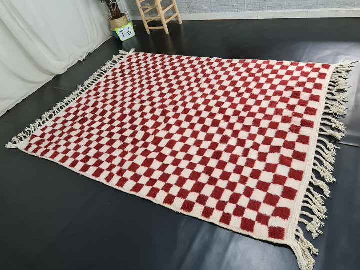 Checkered Moroccan Rug, Handmade Rug, Beni Ourain Rug, Bohemian Carpet, White and Dark Red Rug, Berber Rug, Tapis Marocain