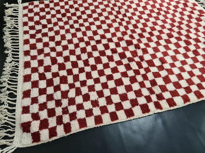 Checkered Moroccan Rug, Handmade Rug, Beni Ourain Rug, Bohemian Carpet, White and Dark Red Rug, Berber Rug, Tapis Marocain