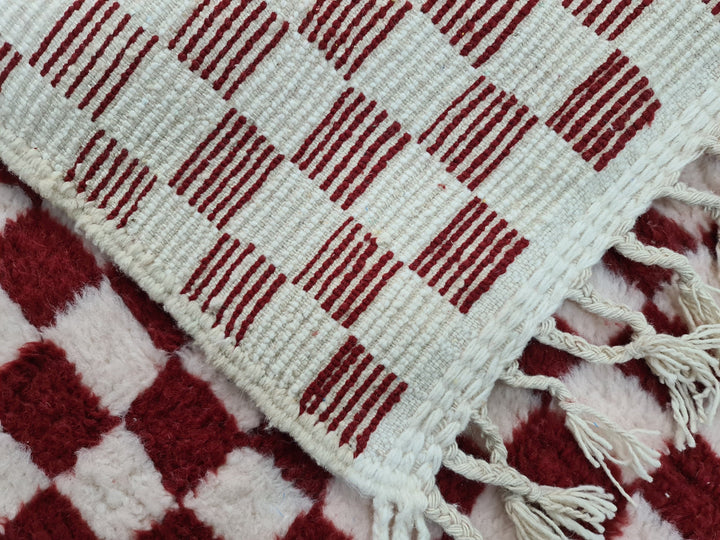 Checkered Moroccan Rug, Handmade Rug, Beni Ourain Rug, Bohemian Carpet, White and Dark Red Rug, Berber Rug, Tapis Marocain