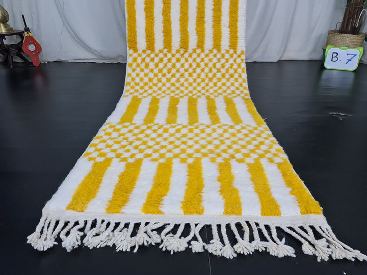 Beni Ourain Moroccan Runner, Handmade CheckeredRunner Rug, Vibrant Runner Rug, White and Yolk Yellow Runner, Sheep Wool Runner.