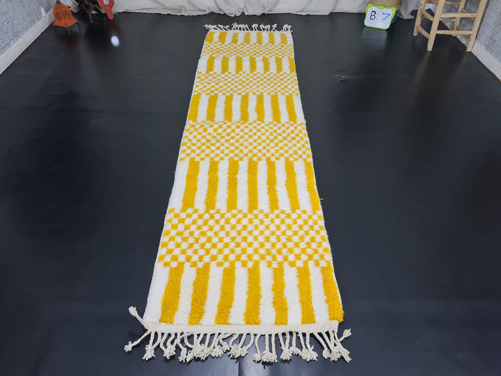 Beni Ourain Moroccan Runner, Handmade CheckeredRunner Rug, Vibrant Runner Rug, White and Yolk Yellow Runner, Sheep Wool Runner.