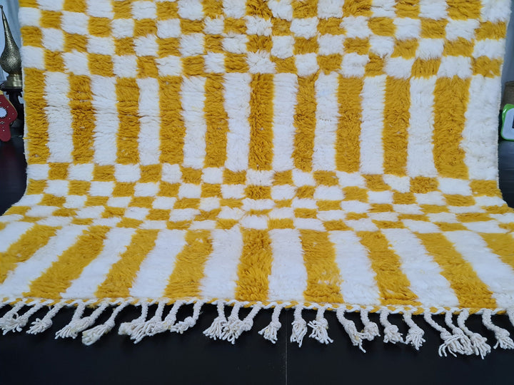 Vibrant Beni Ourain Rug, Moroccan Handmade Carpet, Yolk Yellow Rug, Berber Wool Rug, Square Checkered Rug, Tapis berbere