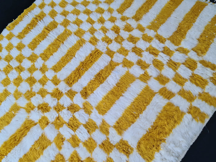 Vibrant Beni Ourain Rug, Moroccan Handmade Carpet, Yolk Yellow Rug, Berber Wool Rug, Square Checkered Rug, Tapis berbere